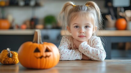 Fototapeta premium little girl at home in the kitchen at the table with a pumpkin for halloween. copy space for text.