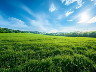 Obraz premium Expansive Verdant Meadow Under Bright Blue Sky with Fluffy Clouds