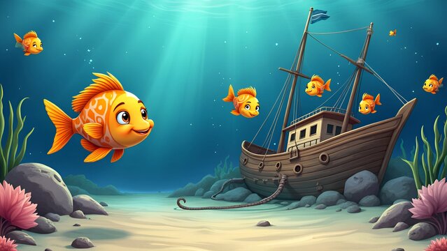 Fish in the sea mear ship illustration