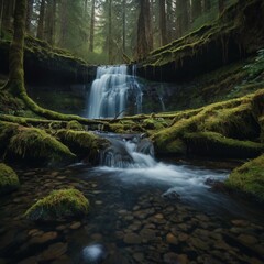 "Hidden Waterfall in an Ancient Forest"
