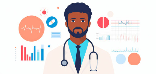 Illustration of a Confident Male Doctor with Medical Charts and Graphs in the Background