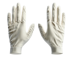 A pair of white latex gloves ideal for medical, cleaning, or food handling tasks, ensuring protection and hygiene.