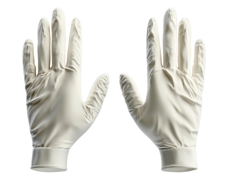 A pair of white latex gloves ideal for medical, cleaning, or food handling tasks, ensuring protection and hygiene.