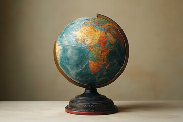 A globe with marked conquests, isolated on a pastel cream background, symbolizing the expansion and influence of an empire,