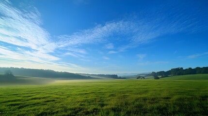 Obraz premium Serene Countryside Landscape with Lush Green Meadow and Dramatic Sky at Daybreak
