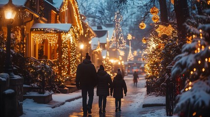 A family bundled up in warm clothes, walking through a neighborhood with houses elaborately decorated with Christmas lights and festive displays