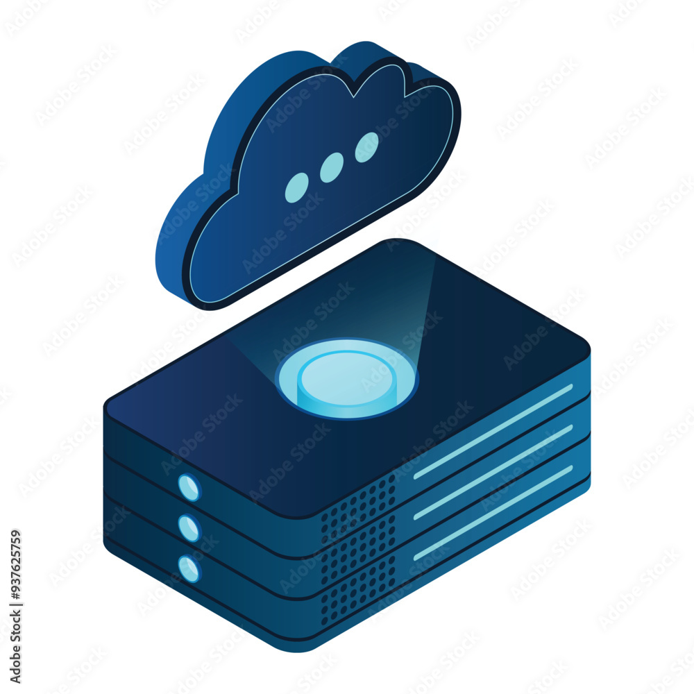 Poster isometric cloud database. cloud computing and file cloud storage. modern technology. vector illustra