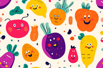Vibrant seamless pattern featuring cheerful cartoon vegetables with faces on a light background. The playful and colorful design includes tomatoes carrots peppers, and eggplants with expressive eyes
