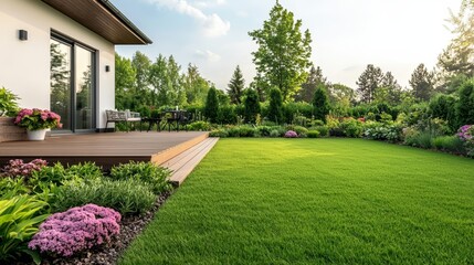 Peaceful backyard with wooden deck and lush green garden, perfect for relaxation and outdoor gatherings