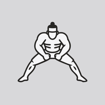recommend clip art: Sumo wrestler ready to fight. Black and white line art illustration of a sumo wrestler in a fighting stance.