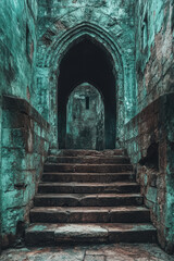 A medieval drawbridge, isolated on a pastel mint background, representing the entrance to a fortified castle,
