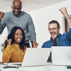 Fist pump, business people and celebration in office with laptop for project completion, client...