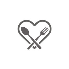 Love of food logo design. Simple and elegant logo design featuring a heart shape with crossed fork and spoon inside. Perfect for a restaurant, cafe, or food-related business.