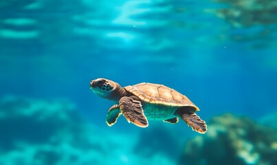 Obraz premium Baby sea turtle swimming in blue ocean, Generative AI