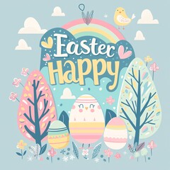 5. Festive Easter greeting, featuring geometric shapes, stylized flowers and trees, Easter eggs, rainbow, bell, cute bird perched beside the eggs, "Easter Happy" in script font, pastel color palette,