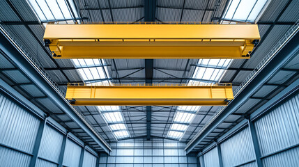 An overhead crane with a vibrant yellow lifting block hangs elegantly within a spacious modern hangar, highlighted by its minimalist design and grey steel structure