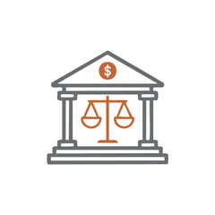 Financial justice building icon. A simple line drawing illustration of a building with scales of justice and a dollar sign, representing financial fairness and accountability.