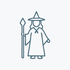 Wizard with staff icon. Line drawing icon of a wizard wearing a pointed hat and robe, holding a staff.