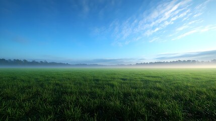 Fototapeta premium Serene Morning Meadow with Misty Blue Sky and Vast Green Grassland