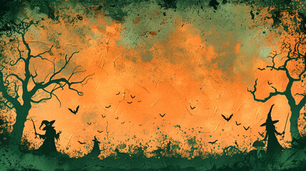 Silhouettes of witches and wizards dance against an orange backdrop, surrounded by creepy trees, bats, and playful Halloween figures