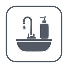 Sink faucet and soap dispenser icon. Simple icon depicting a sink with a faucet and a soap dispenser. Perfect for hygiene, cleanliness, and bathroom-related designs.