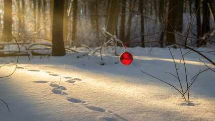 red Christmas bell hanging on the forest 