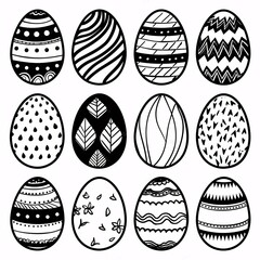 1. Twelve Easter eggs with various patterns on a white background, hand-drawn style, patterns include zig-zags, dots, flowers, leaves, waves, and stripes, black and white line art illustration,