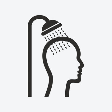recommend clip art: Showering person icon. Black and white illustration of a person taking a shower, representing cleanliness, hygiene, and refreshment.