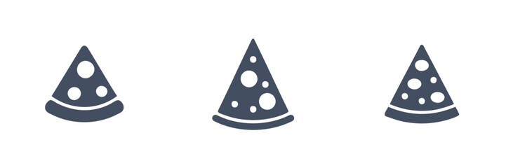 Pizza slice icon set. A collection of three simple pizza slice icons with different topping arrangements. Perfect for use in food-related websites, menus, or mobile apps.