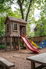 Colorful Wooden Playground Cabin in a Verdant Forest