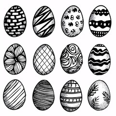 2. Hand-drawn style Easter eggs, twelve in total, various patterns such as zig-zags, dots, flowers, leaves, waves, and stripes, black and white line art, white background, aspect ratio 3:4,