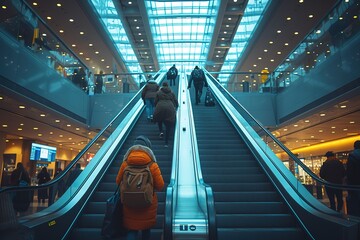 Airport Terminal Escalator Ride Passengers riding an escalator between different levels of the airport terminal