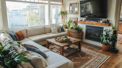 Cozy and Inviting Living Room with Fireplace and Lush Greenery