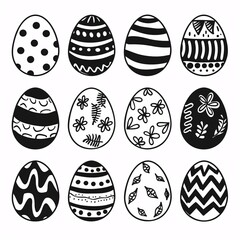 5. Black and white line art of twelve Easter eggs, various patterns including zig-zags, dots, flowers, leaves, waves, and stripes, hand-drawn style, white background, aspect ratio 3:4, commercial