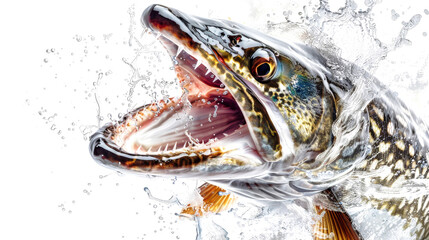 An aggressive pike fish leaps from the water, mouth wide open, surrounded by splashes, embodying raw energy in a striking moment