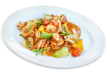 Top view of Stir-fried Seafood with Thai Chili Paste, focus selective