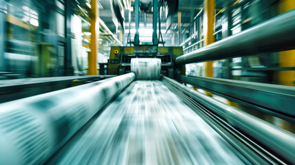 Newspaper rolls and printed pages rush through the printing press, demonstrating the incredible speed and efficiency of modern industrial production