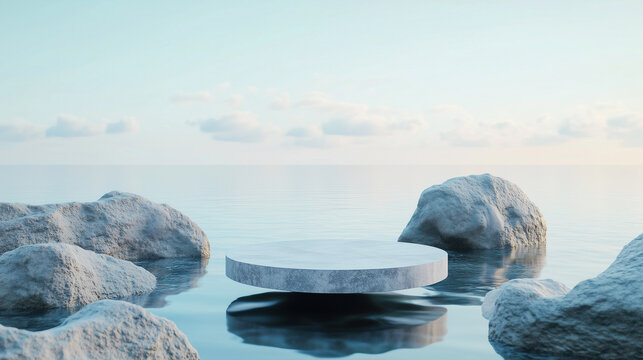 Realistic 3D illustration, white stone award podium on the water in front of Sunshade shadow, podium for the presentation of cosmetic, product, and packaging mockups