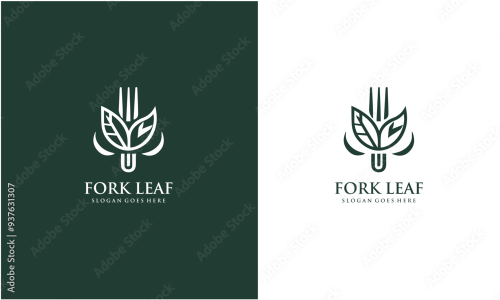 Wall mural leaf with fork logo, healthy food logo design template.