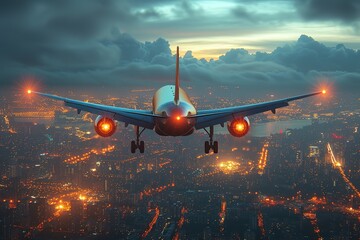 Passenger Aircraft Wing Over City Lights Aerial view of an airplane wing against the backdrop of city lights