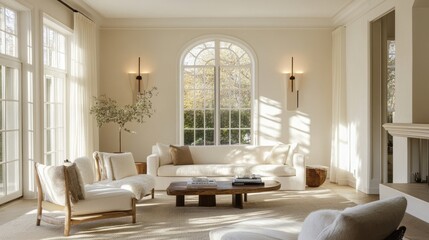 Bright and airy living room with a modern aesthetic, enhanced by creative lighting solutions, including wall sconces and floor lamps.