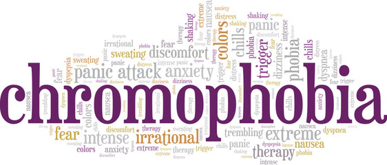 Chromophobia: Fear of Colors word cloud conceptual design isolated on white background.