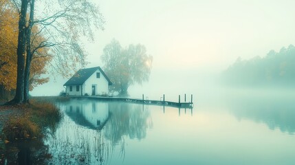 Fototapeta premium Foggy Morning on a Tranquil Lake with a Lakeside Cabin
