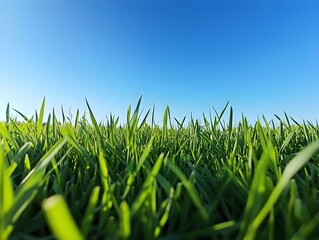 Fototapeta premium Vibrant Green Grass Carpet Against Flawless Blue Sky Tranquil Nature Landscape Background