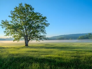 Stunning Ethereal Landscape of Verdant Field with Lone Tree and Misty Sky