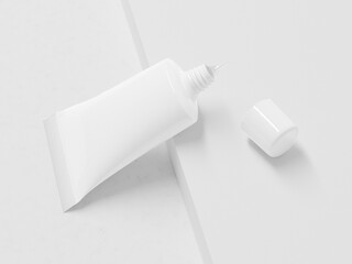 Nozzle tube mockup, plastic cosmetic tube packaging mockup, open cap sunscreen tube, open lid sunblock container, cosmetology liquid product tube container, oval shape tube packaging design showcase 