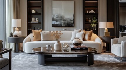 Contemporary living room featuring a modern sofa, a chic coffee table, and decorative lamps that enhance the room's atmosphere.