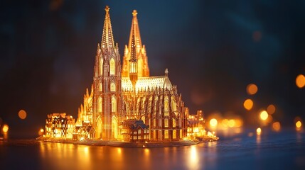 Obraz premium A golden model of a cathedral with illuminated windows, situated on a reflective surface with bokeh lights in the background.