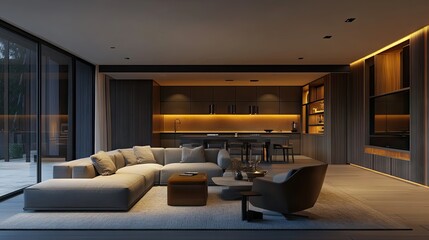 Fototapeta premium Contemporary living room with a minimalist design, highlighted by modern lighting fixtures that add a warm ambiance.