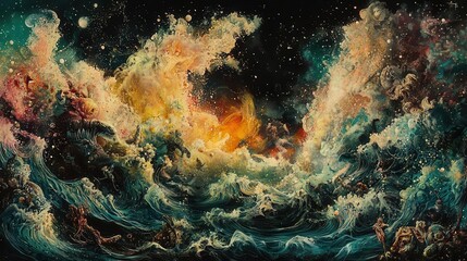 Ocean waves crashing over diverse marine creatures